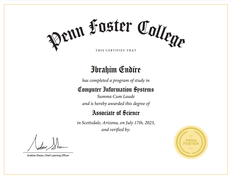 pennfoster college Associate Degree certificate